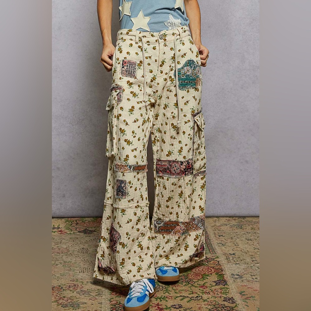 POL Boho Cream Floral Patchwork Wide-Leg Pants - Picture 2 of 5